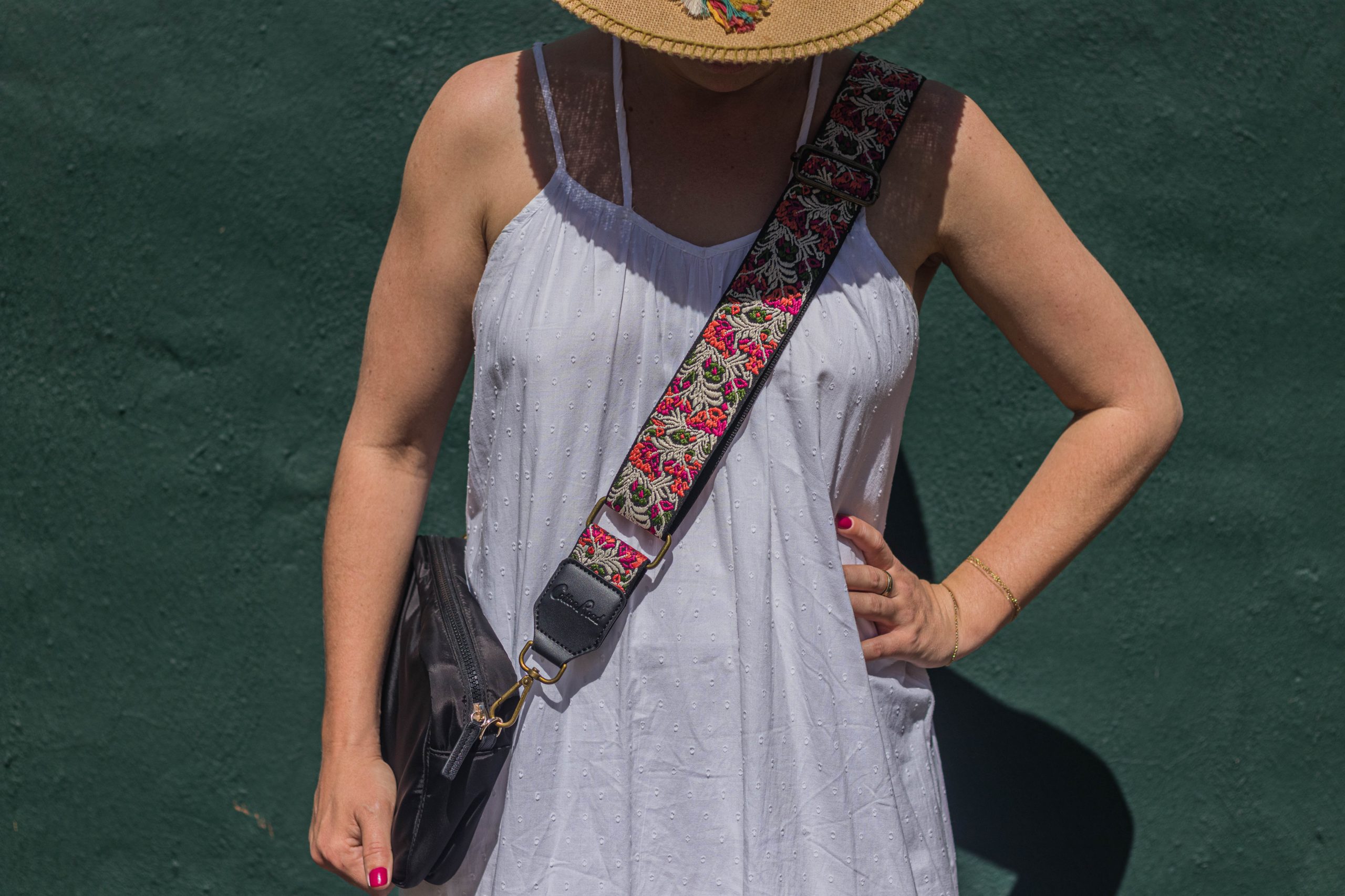Bag Strap - Orange, Pink, White Embroidery